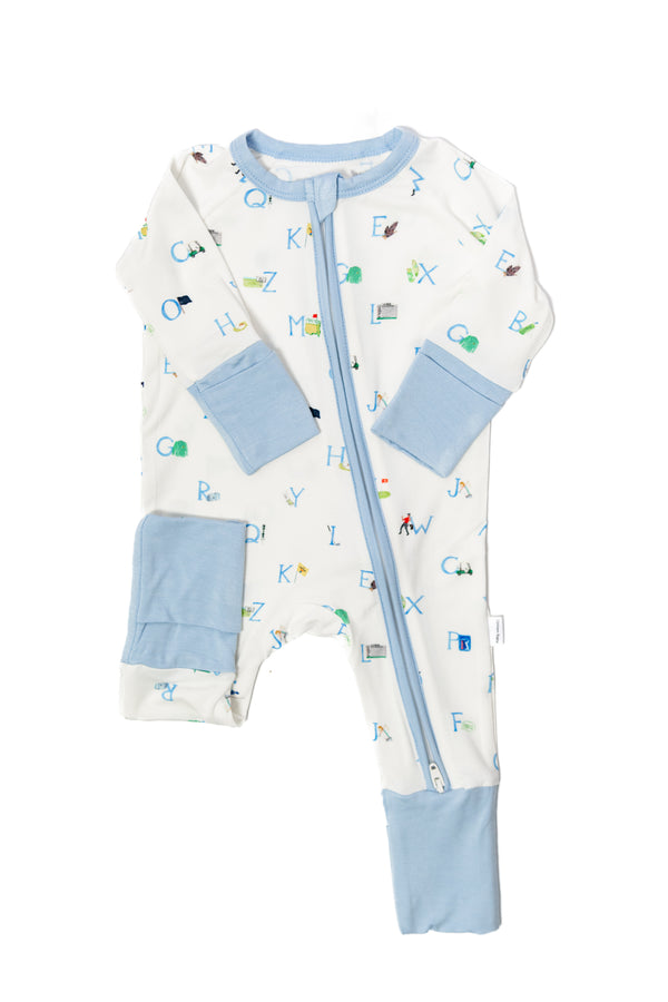A white and blue long-sleeved baby sleep romper with a golf-themed print, featuring a zip down the front and blue cuffs.