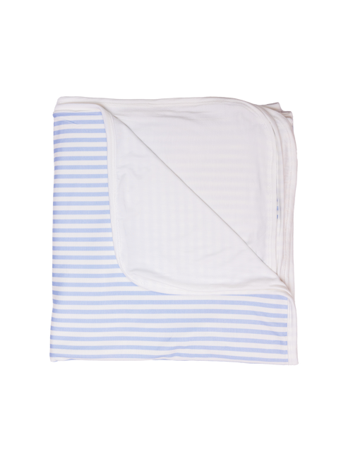 A folded striped blue blanket arranged with the striped patterns visible.