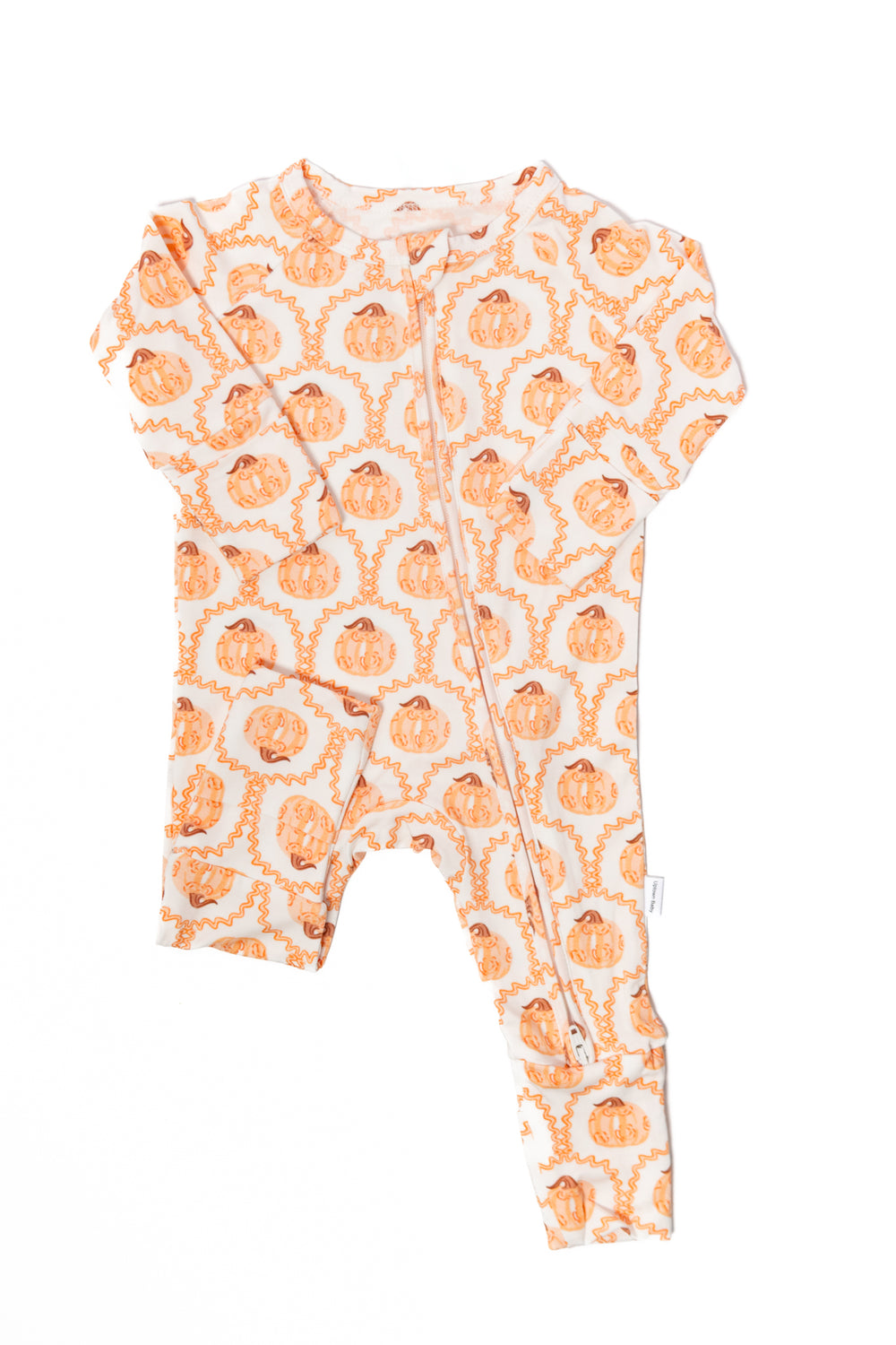 A short-sleeved baby sleep romper with a pumpkin print on a white background.