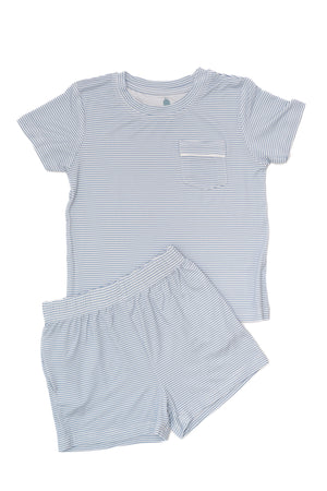 Dusty Blue Mini-Stripe Shorts & T-Shirt Set
