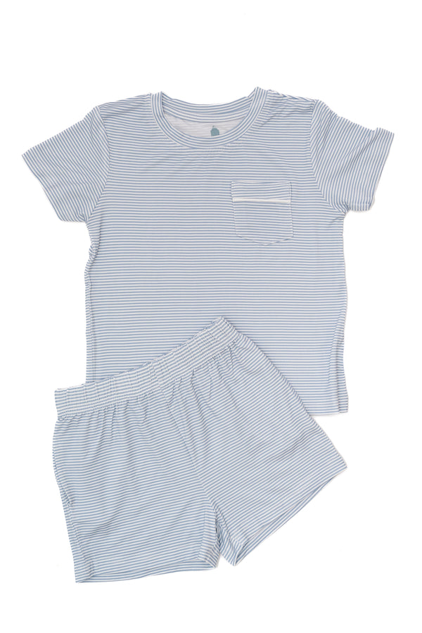 Dusty Blue Mini-Stripe Shorts & T-Shirt Set