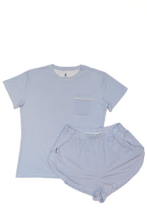Women's Short Sleeve PJ Shorts Set - Dusty Blue Mini-Stripe