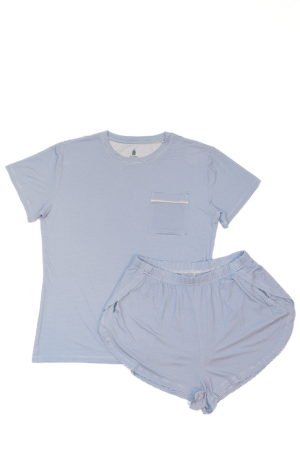 Women's Short Sleeve PJ Shorts Set - Dusty Blue Mini-Stripe