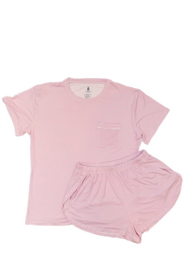 Women's Short Sleeve PJ Shorts Set - Pink Mini-Stripe