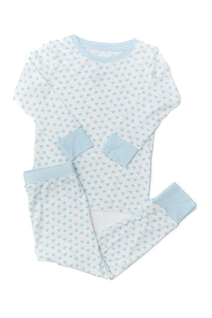 Children's pajama set with light blue heart pattern on a white background
