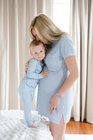 Women's Short Sleeve Sleep Dress - Dusty Blue Mini-Stripe