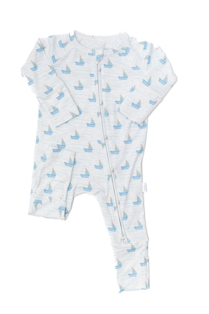 Baby onesie with boat pattern on a white background