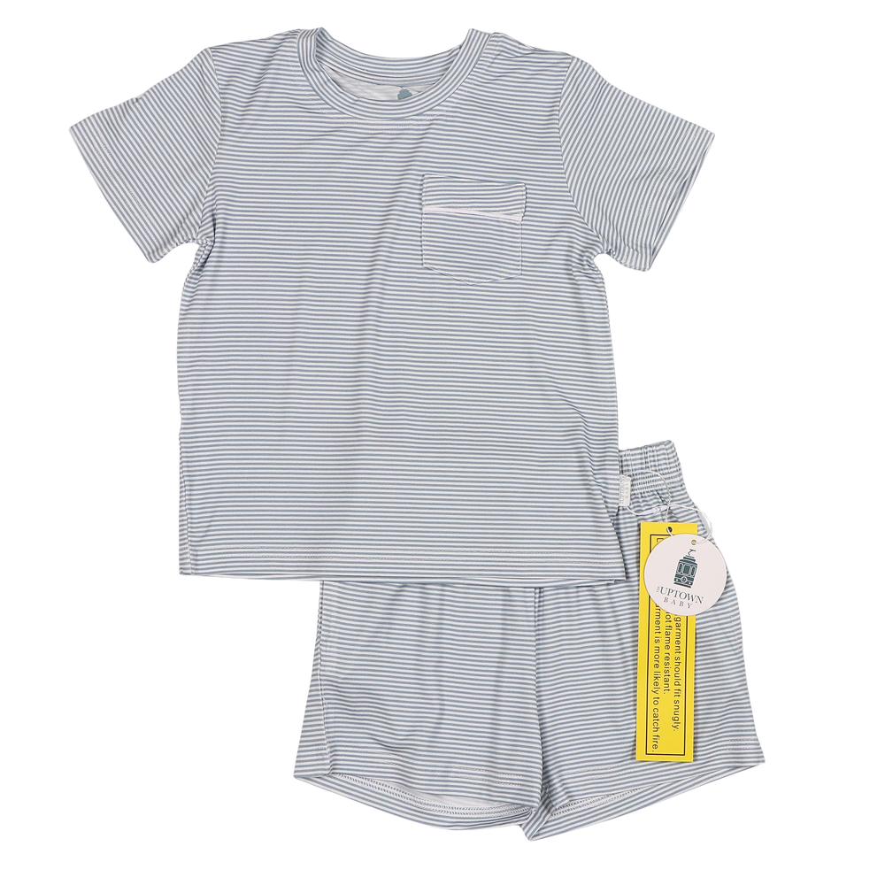 Dusty Blue Mini-Stripe Shorts & T-Shirt Set