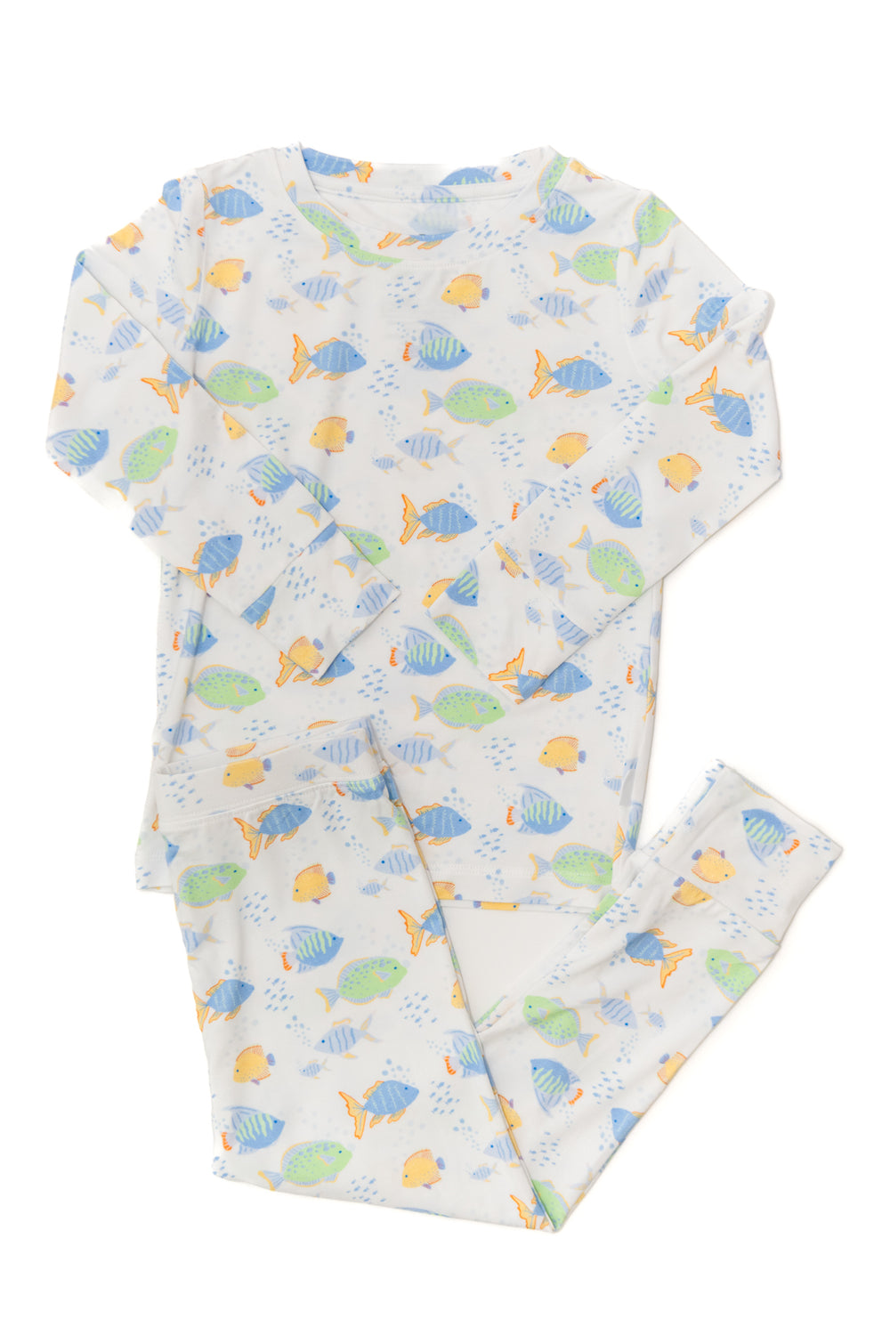 Baby outfit with colorful fish pattern on a white background