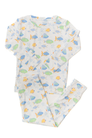 Baby outfit with colorful fish pattern on a white background