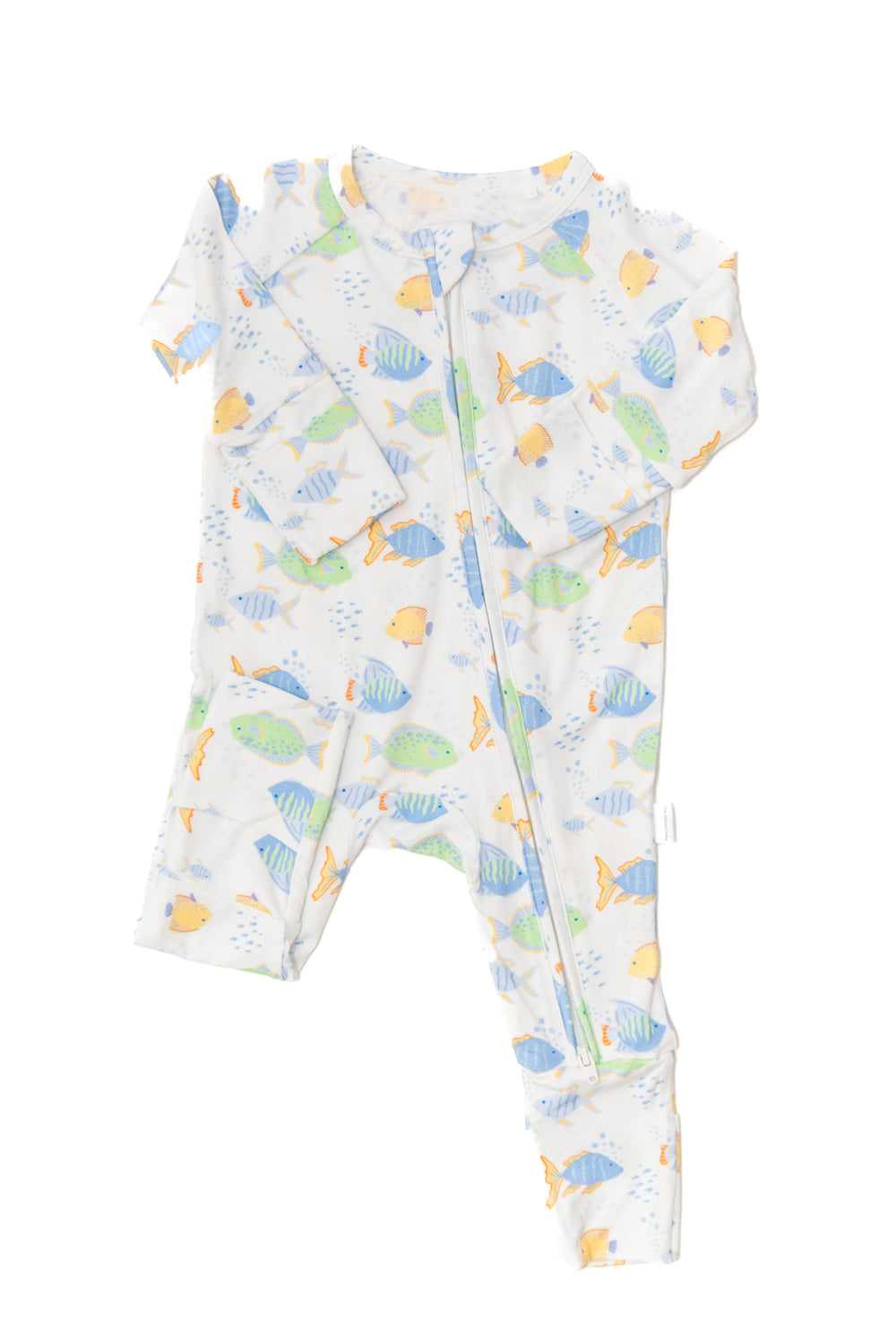 Baby onesie with colorful fish pattern on a white background