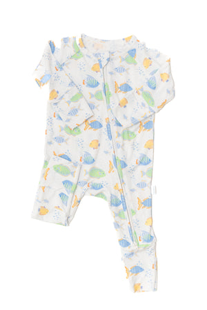 Baby onesie with colorful fish pattern on a white background