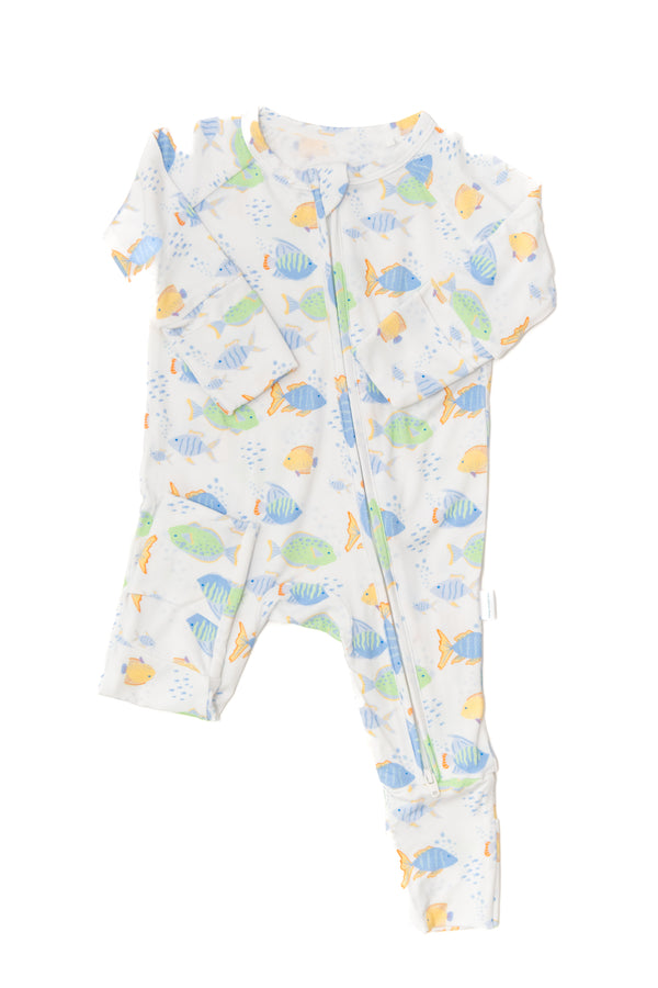 Baby onesie with colorful fish pattern on a white background