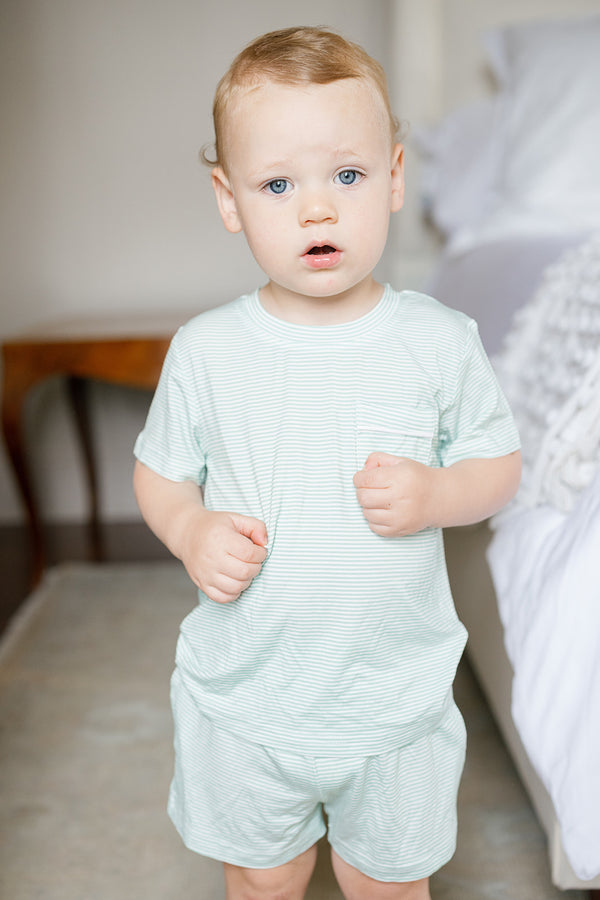 Pistachio Mini-Stripe Shorts & T-Shirt Set