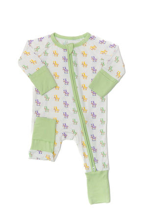 Baby onesie with green trim and butterfly pattern on a white background