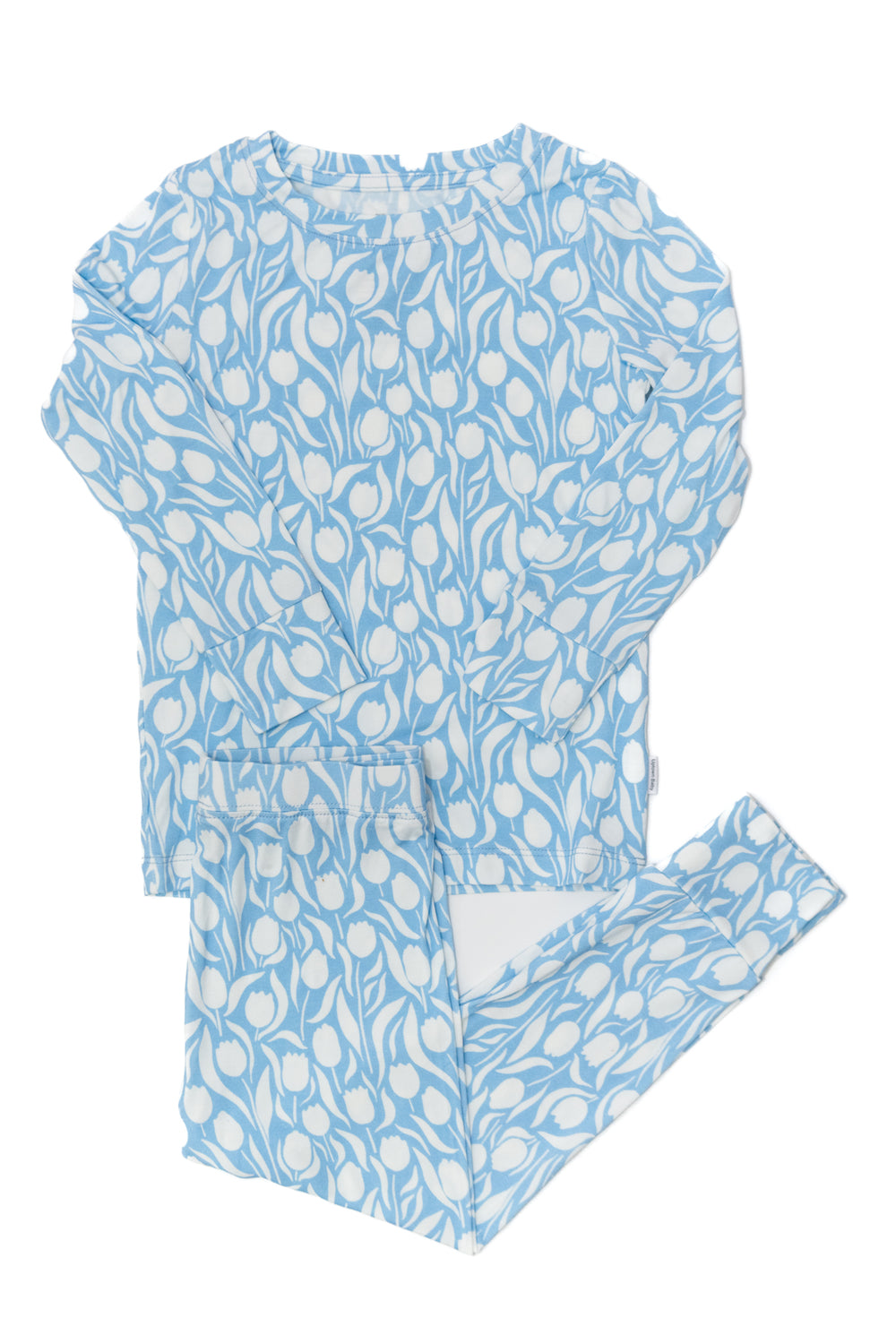Light blue pajama set with white floral pattern on a white background